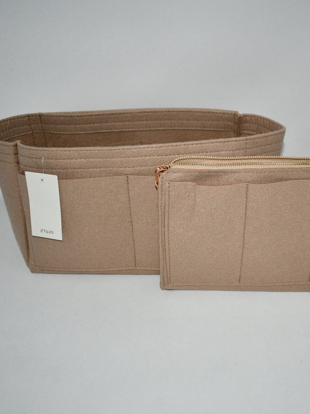 ZTJUO Felt Purse Organizer Insert Bag Handbag Tote w/ Zipper Pouch Tan NWT